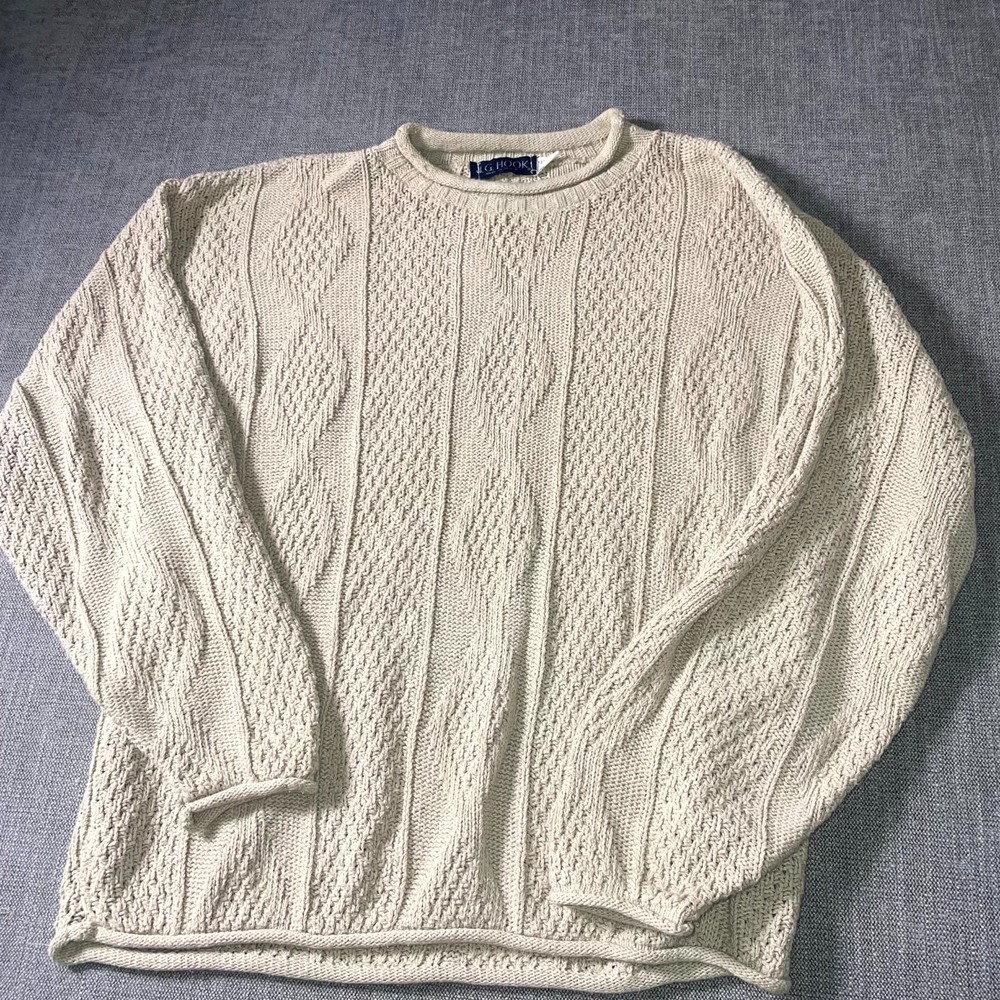J.G. Hook Pullover Sweater Mens Large Cream Cable-Knit Textured Cotton Crew Neck